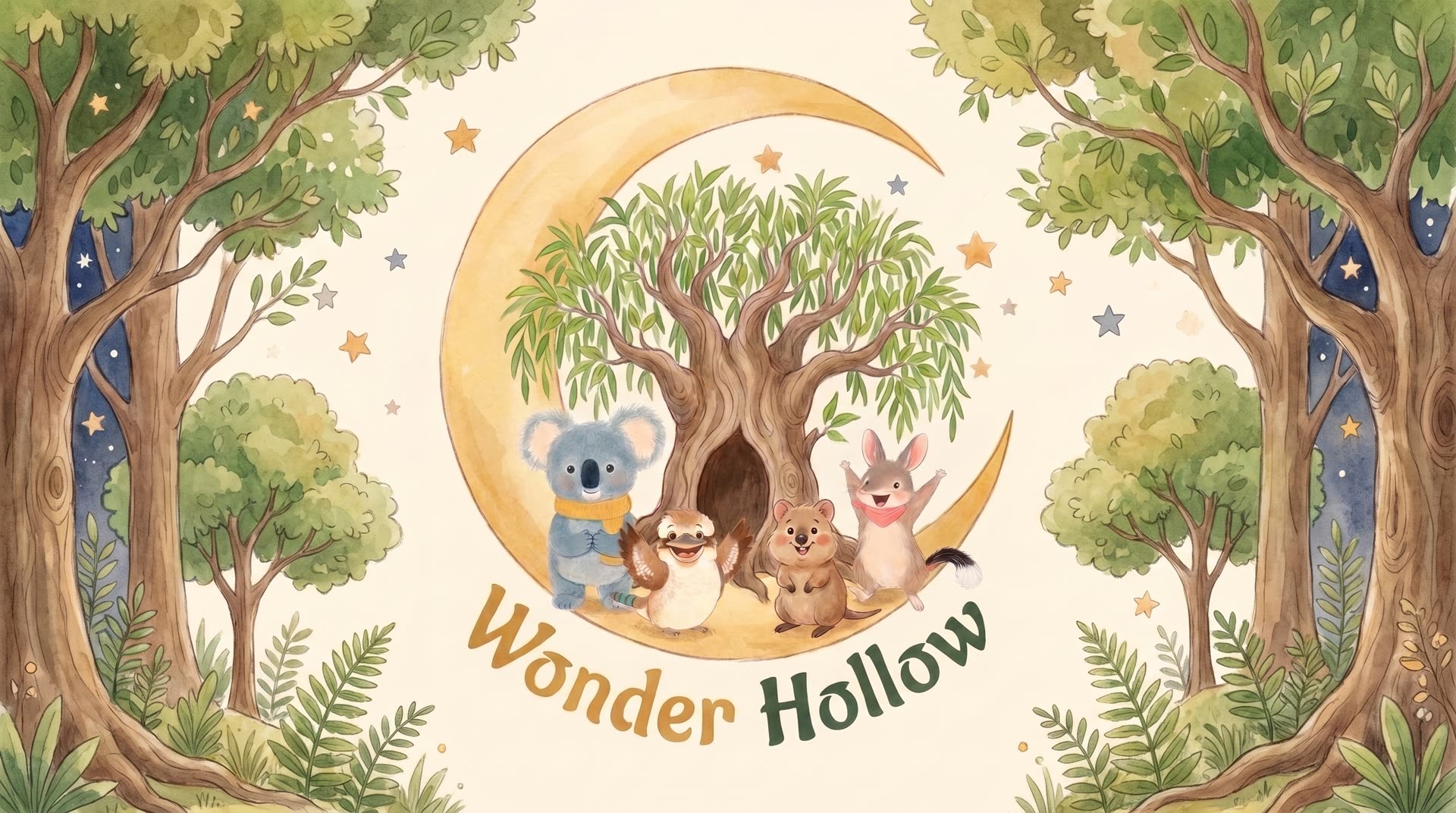 Mossy the koala, Rufus the kookaburra, Tilly the quokka and Bimble the bilby together on a crescent moon around a hollow tree, in a painted forest
